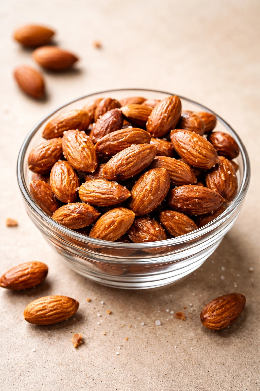 Roasted almonds in a bowl on a neutral background