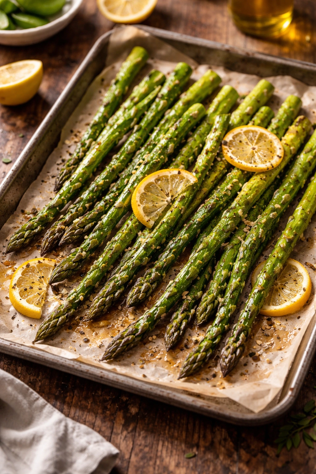Close-up of caramelized roasted asparagus with lemon zest on parchment, green spears highlighted