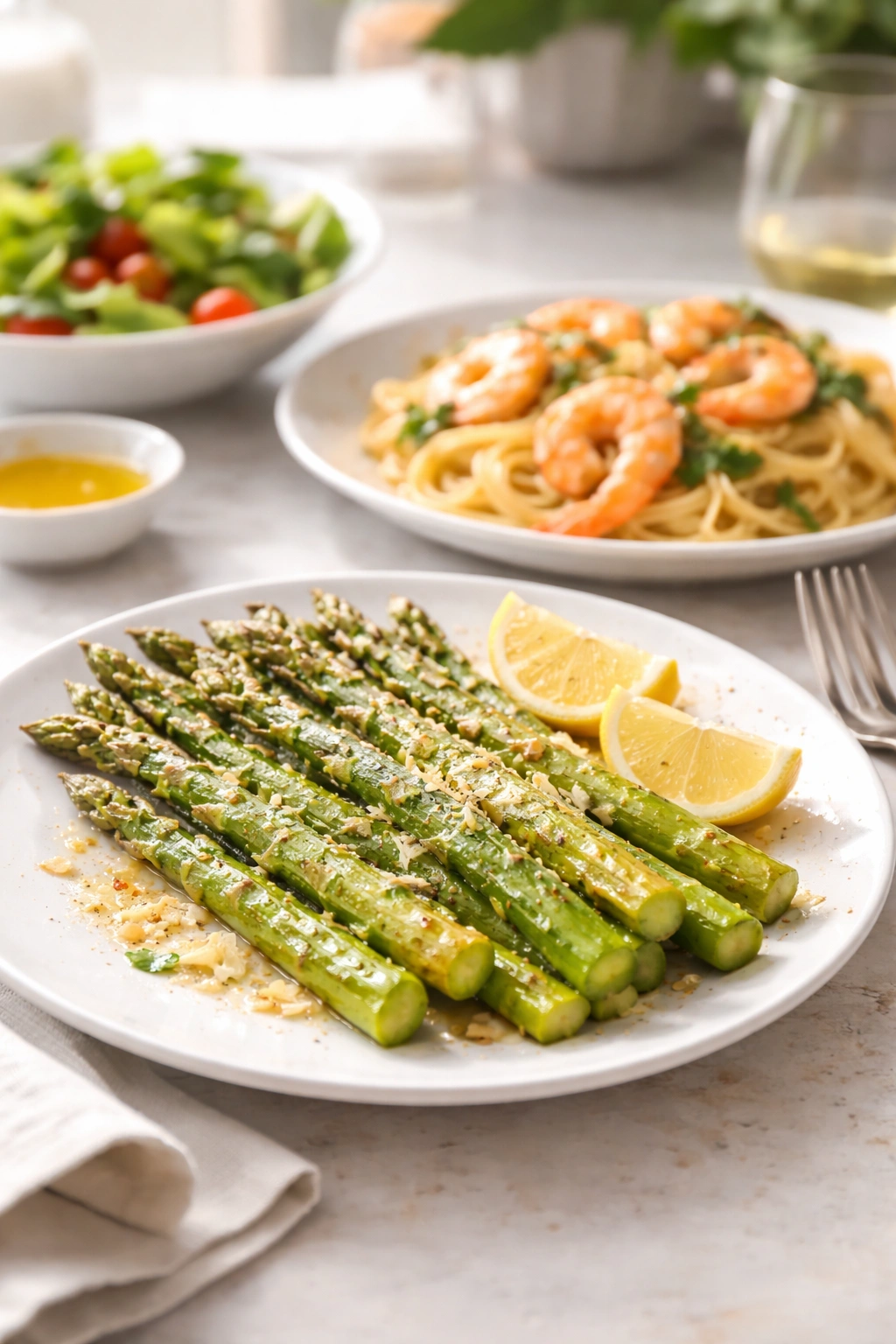 Plate of roasted asparagus as a perfect side dish for shrimp pasta