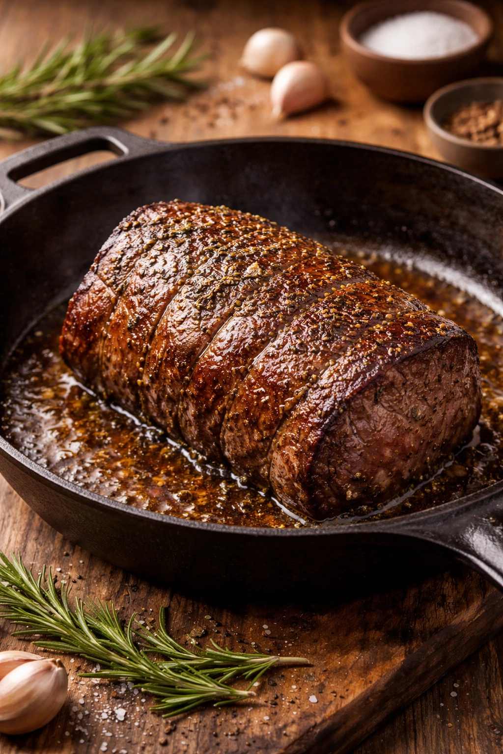Browned roasted beef on a cast-iron skillet ready to slice