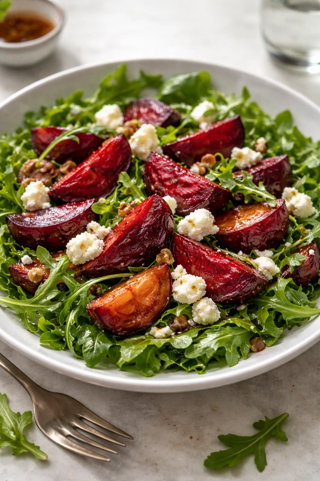 Beets with goat cheese on greens on a plate