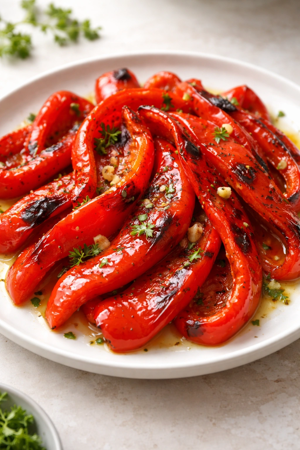 Sliced roasted red bell peppers on a plate