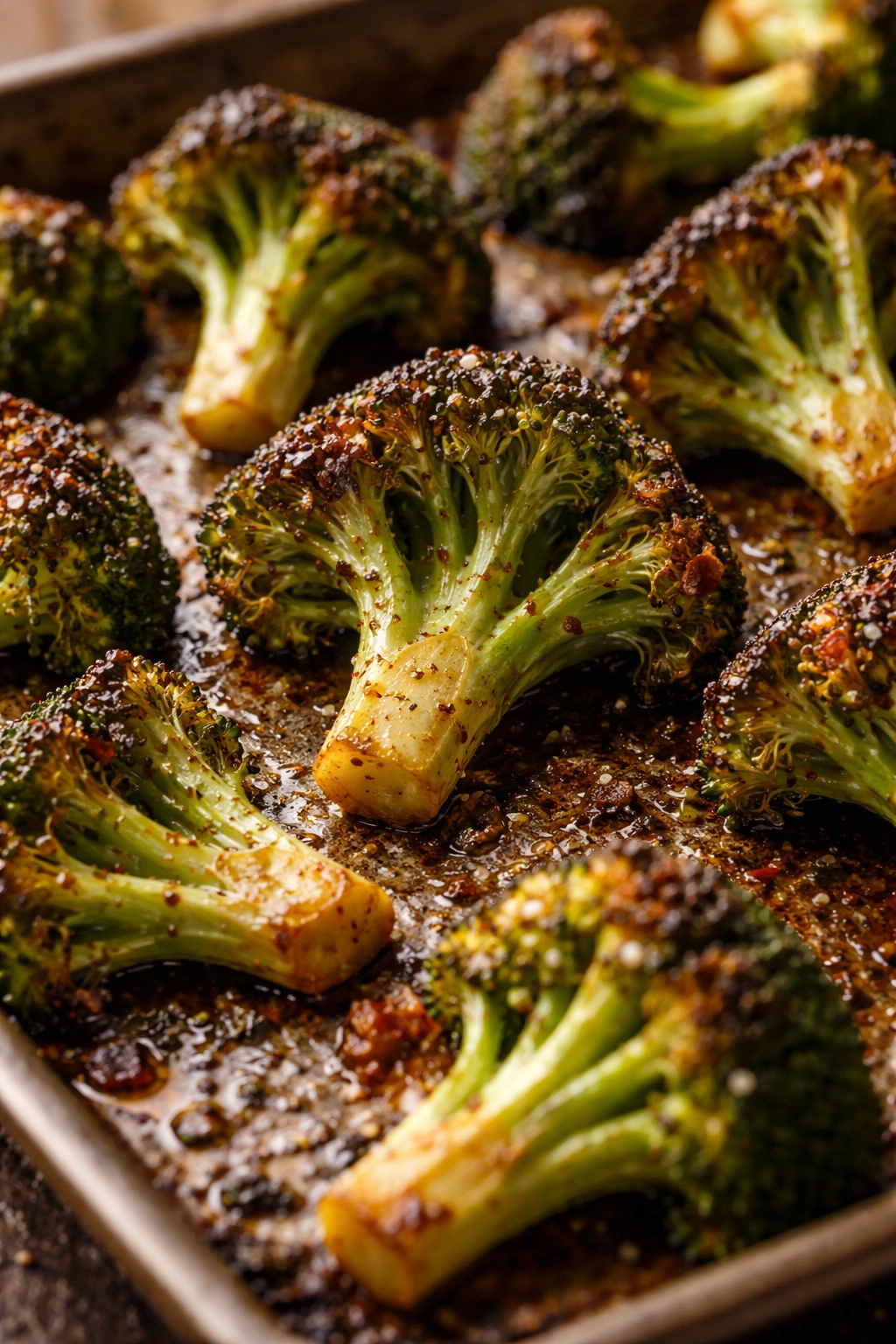 Close-up of roasted broccoli florets with caramelized edges
