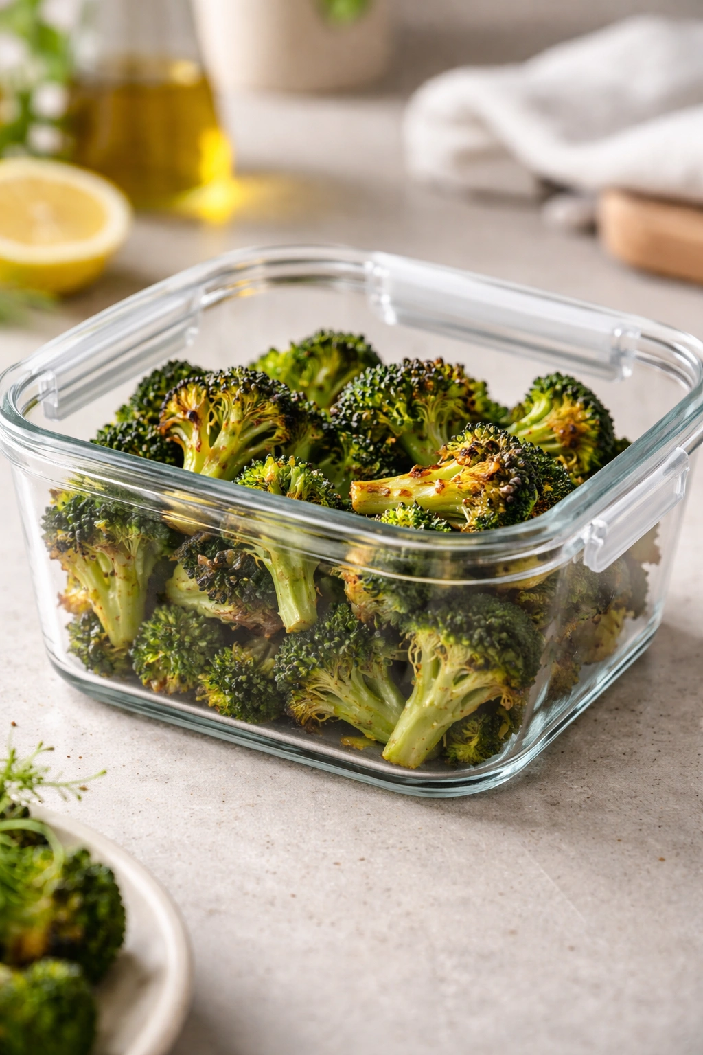 Close-up of roasted broccoli in an airtight glass container on a counter