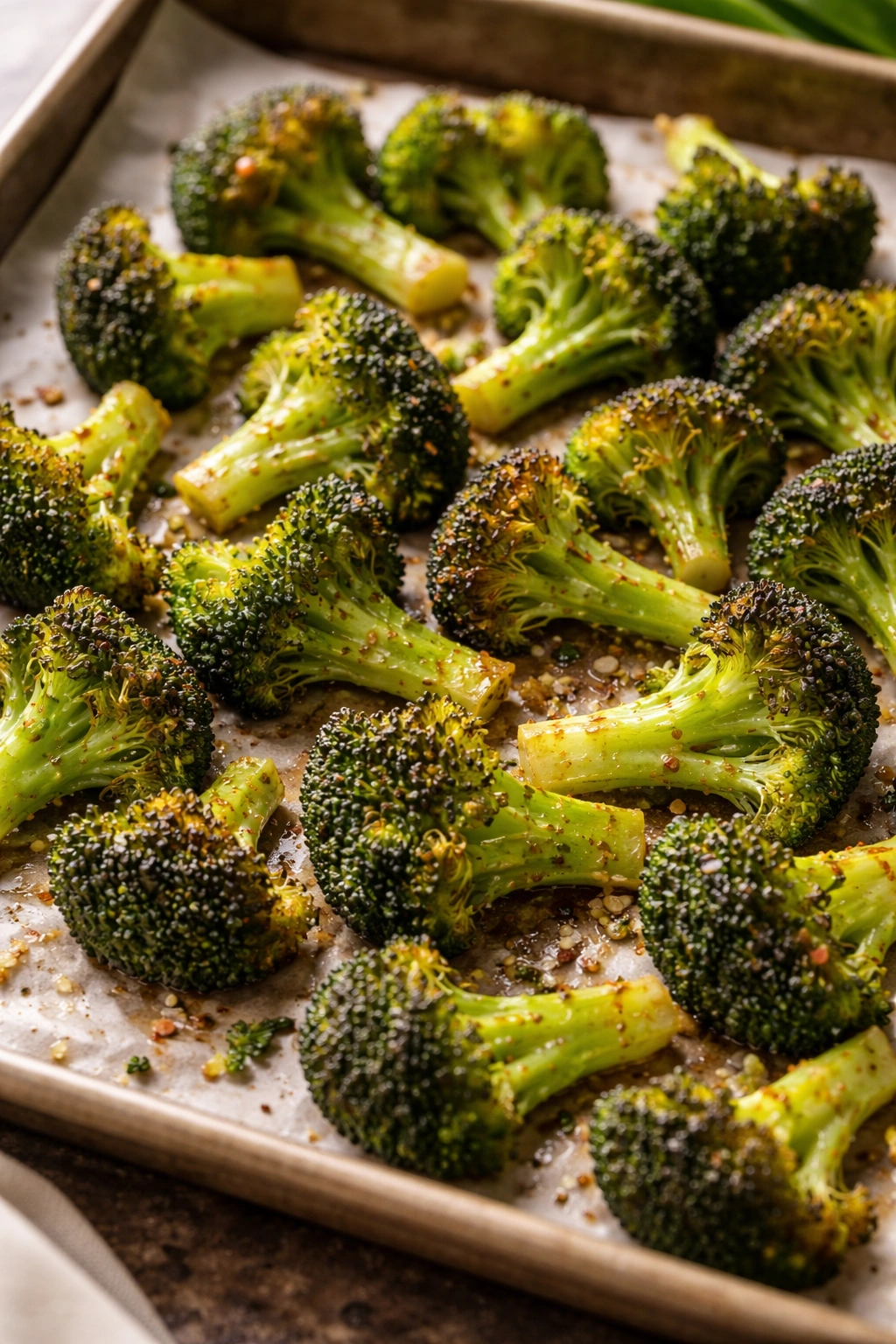 Close-up of roasted broccoli florets with caramelized edges on a parchment-lined baking sheet