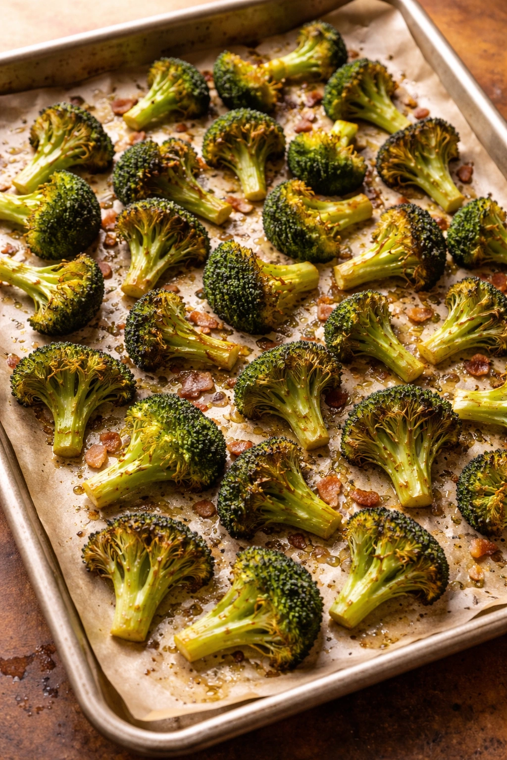 Broccoli florets on sheet pan about to roast with light caramelization