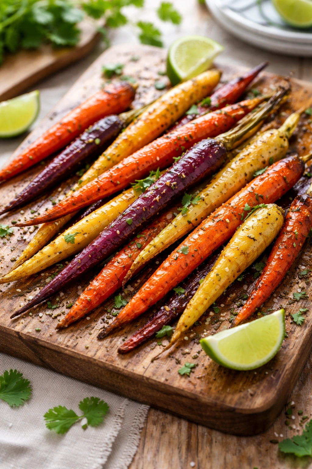 Colorful roasted rainbow carrots on a wooden board