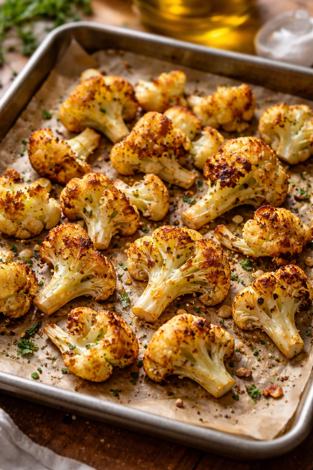 Close-up of caramelized roasted cauliflower florets with crispy edges