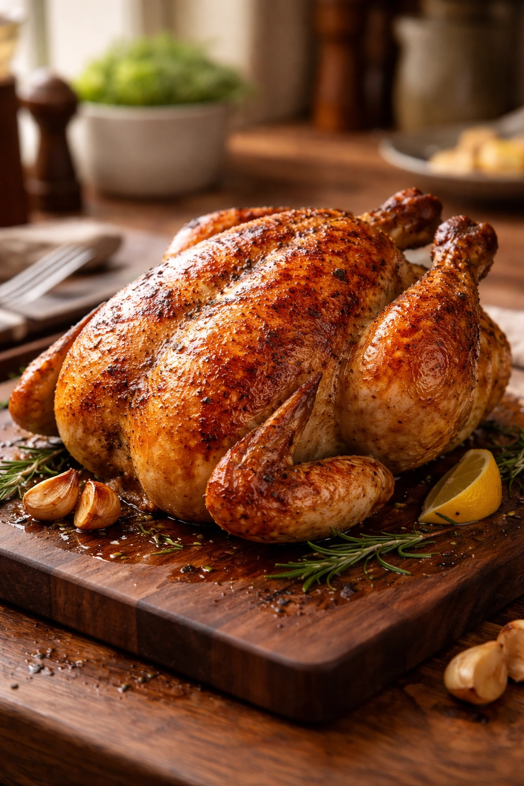 Close-up of a crispy roasted whole chicken on a wooden board