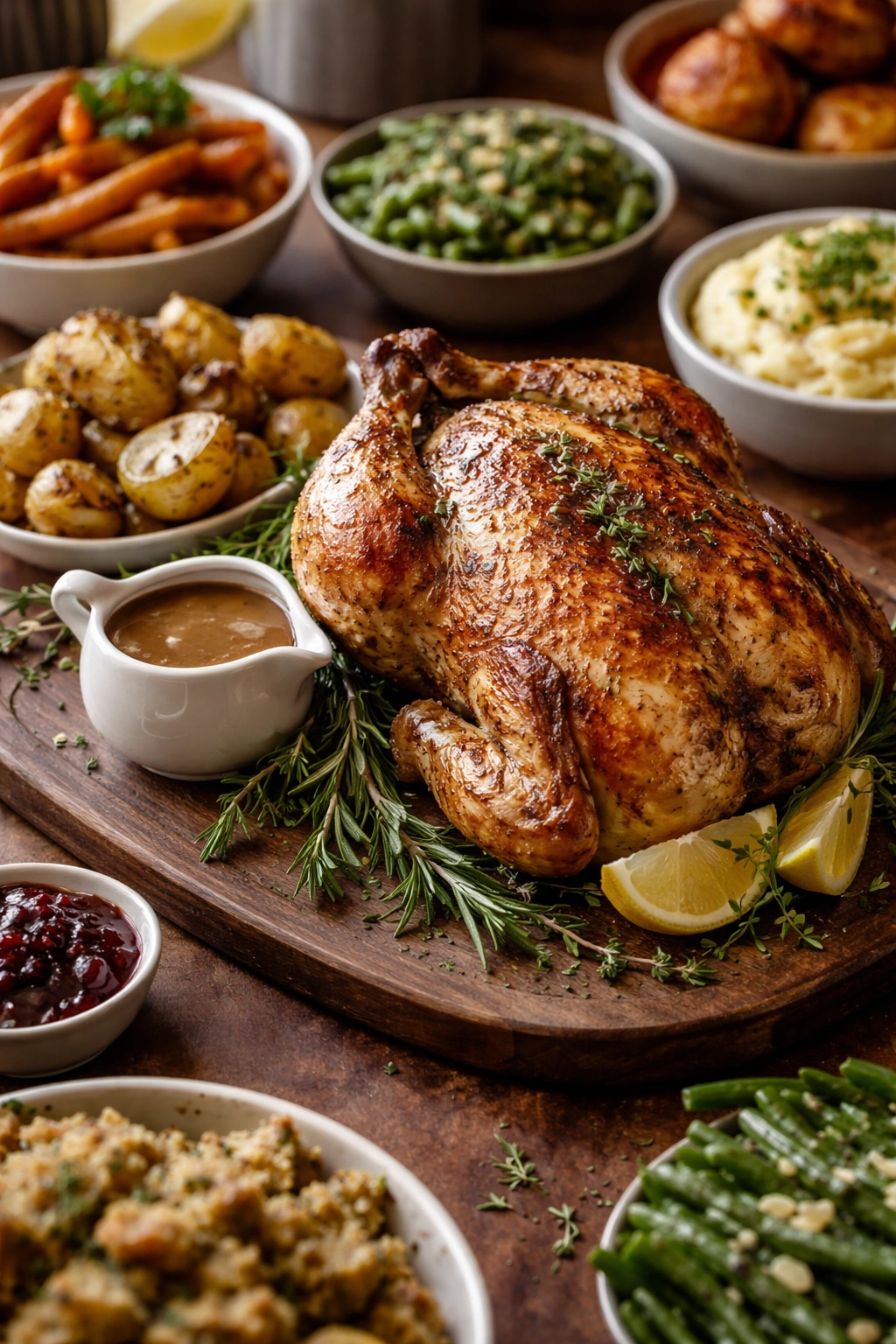 Roasted chicken with gravy and herbs on a rustic platter in a warm kitchen