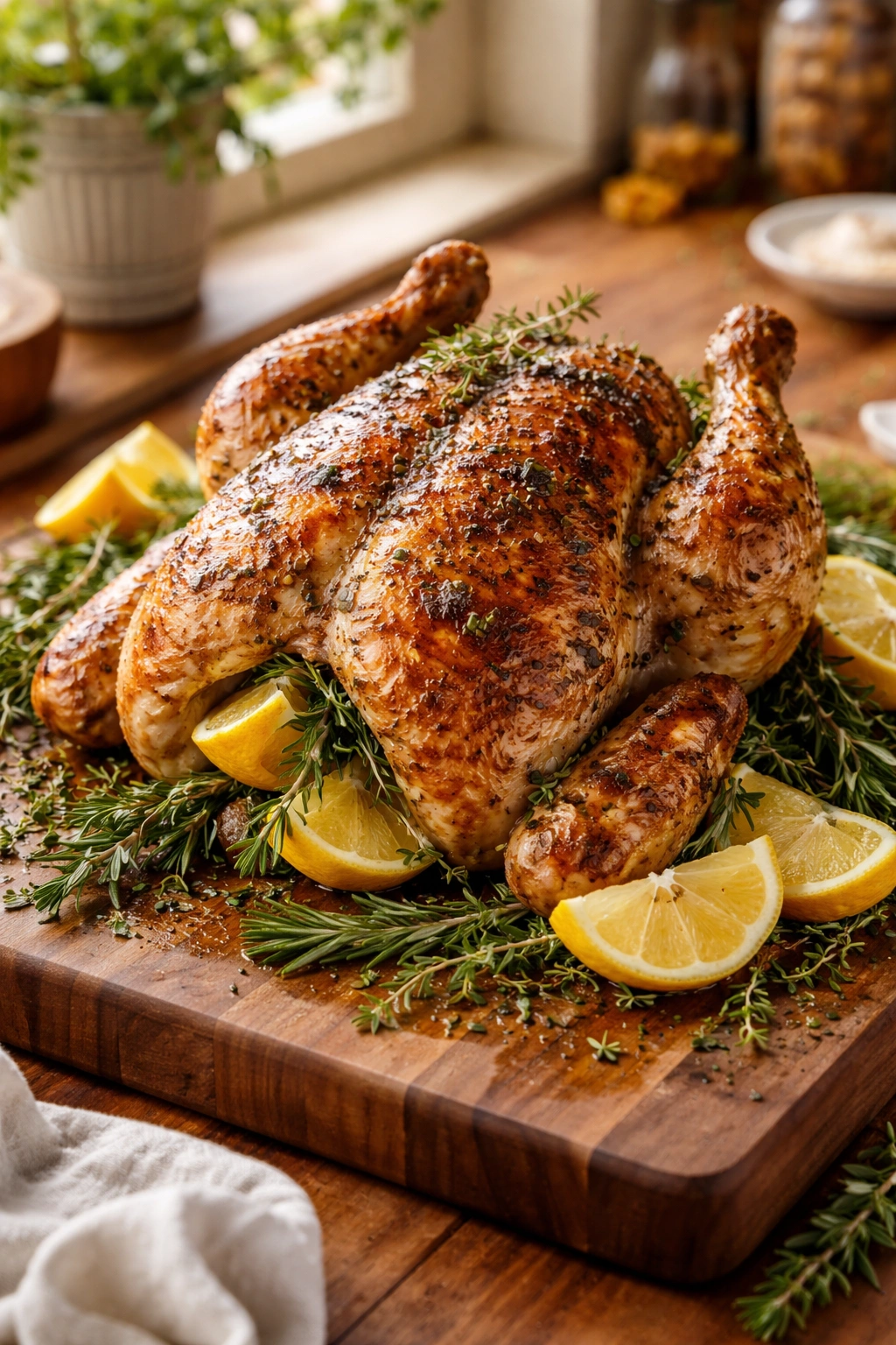 Whole roasted chicken with lemon and herbs on wooden board