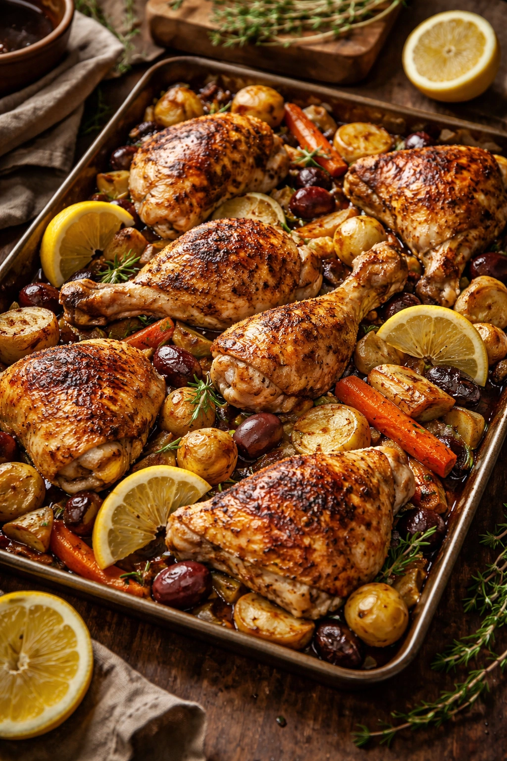 Roasted chicken with root vegetables and olives on a sheet pan
