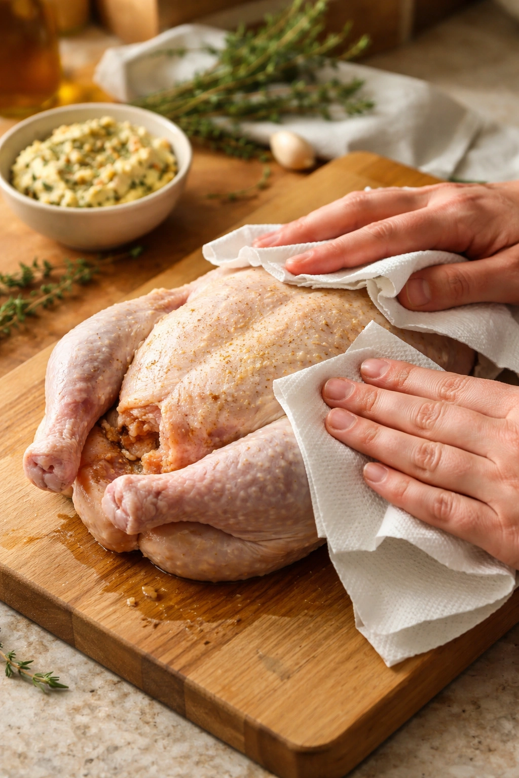 Raw chicken being dried on cutting board with herb butter nearby for crisp skin