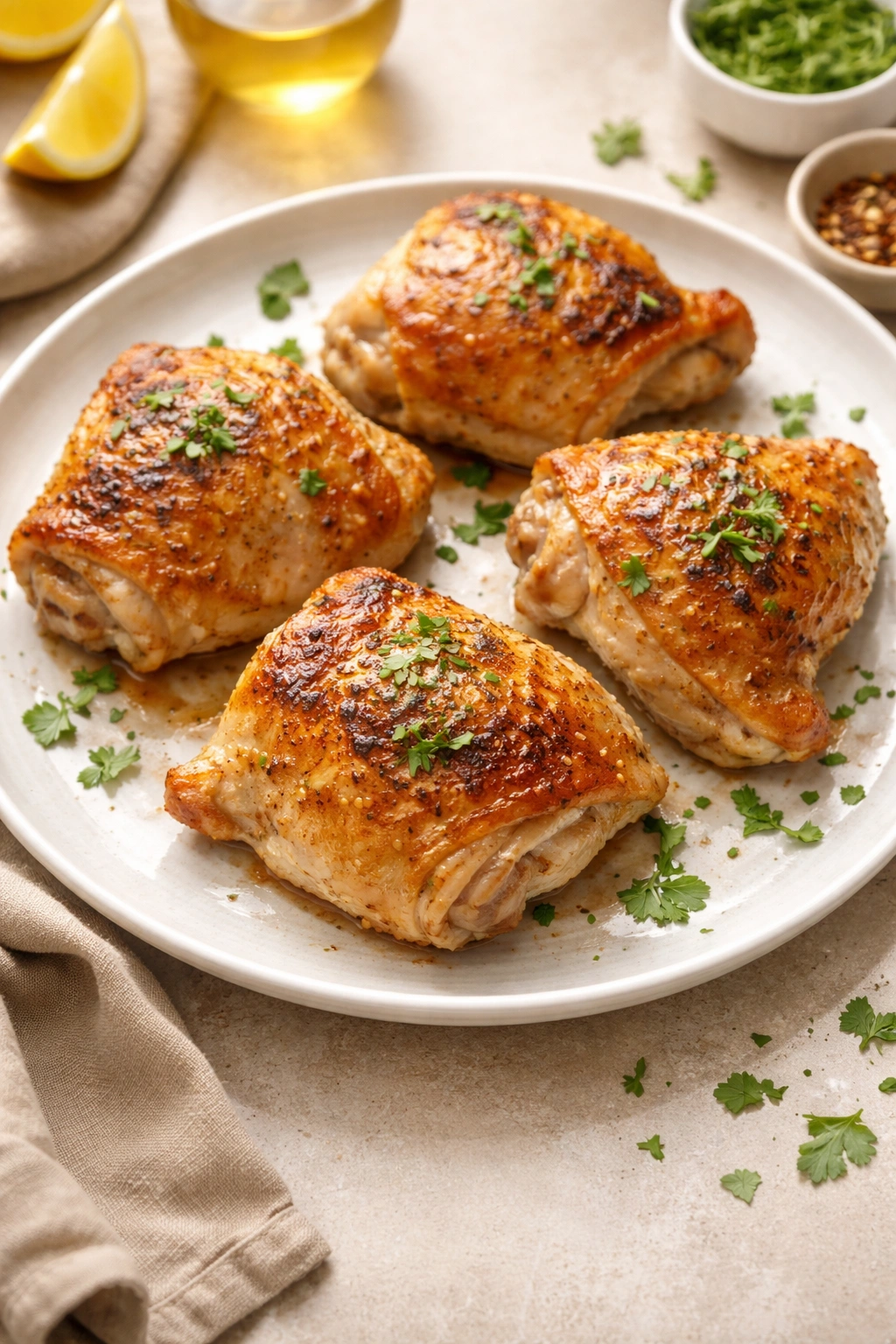 Golden roasted chicken thighs on a clean plate