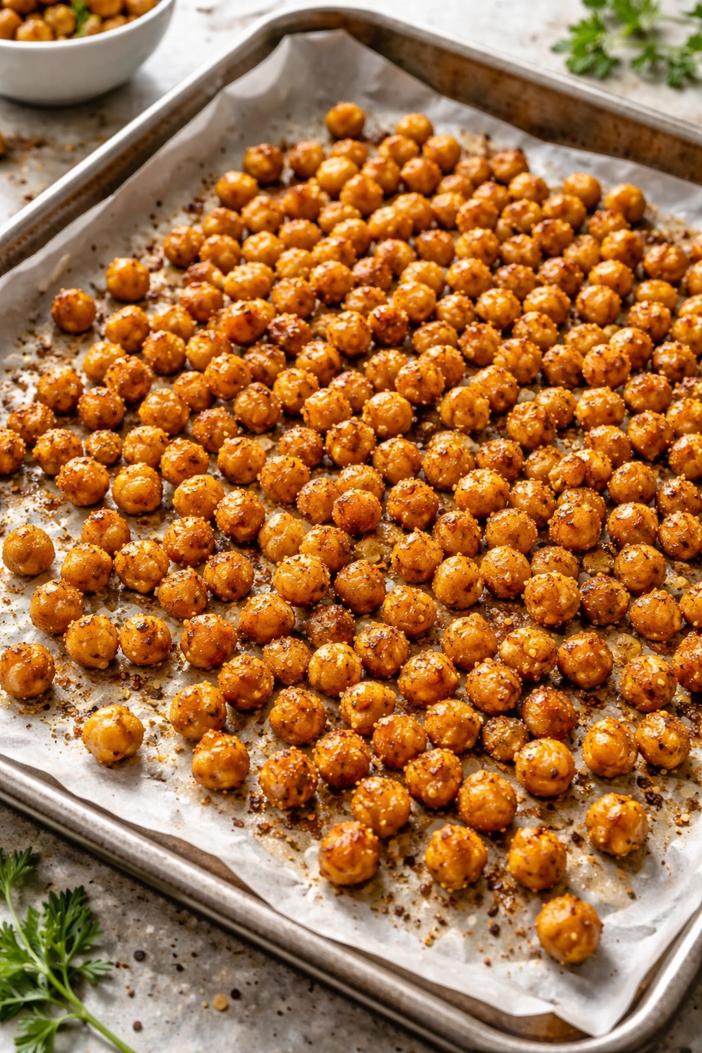 Crispy roasted chickpeas on parchment-lined baking sheet.
