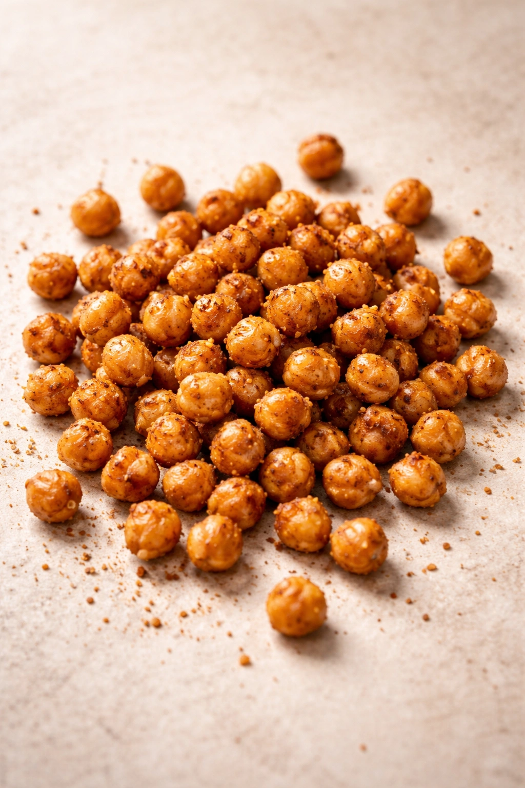Crispy roasted chickpeas scattered on a neutral background