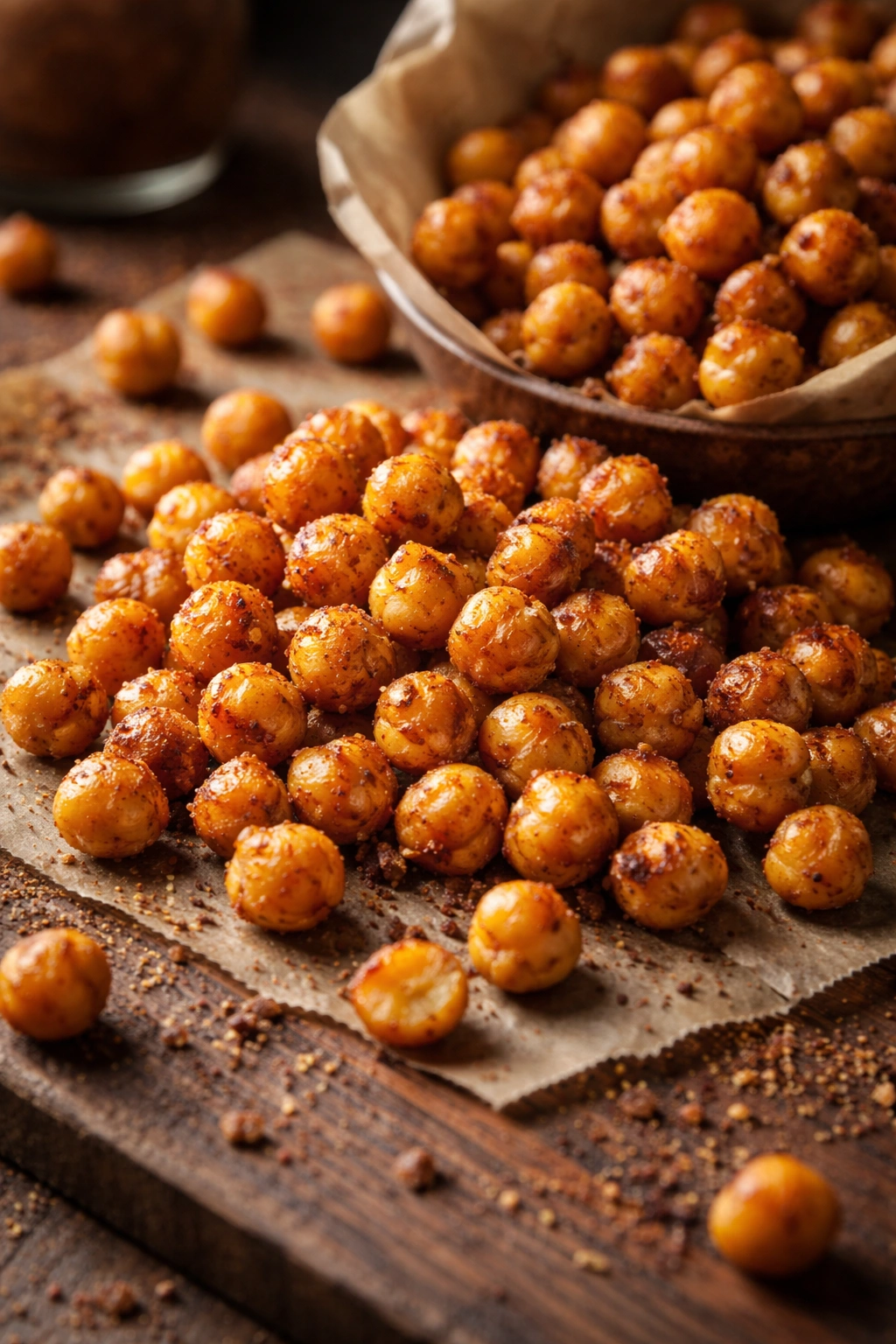 Close-up of golden roasted chickpeas with crisp skins on a wooden surface