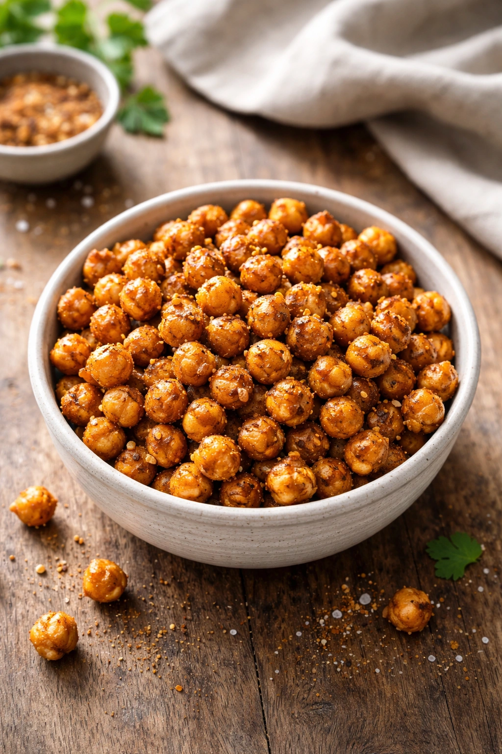 Crispy roasted chickpeas in a small bowl on wood