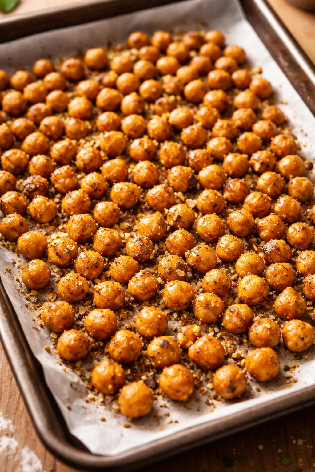 Golden roasted chickpeas on a baking sheet, seasoned and crisp