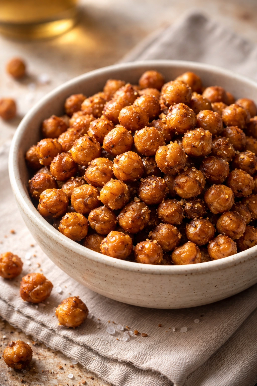 Close-up roasted chickpeas in a bowl showing texture