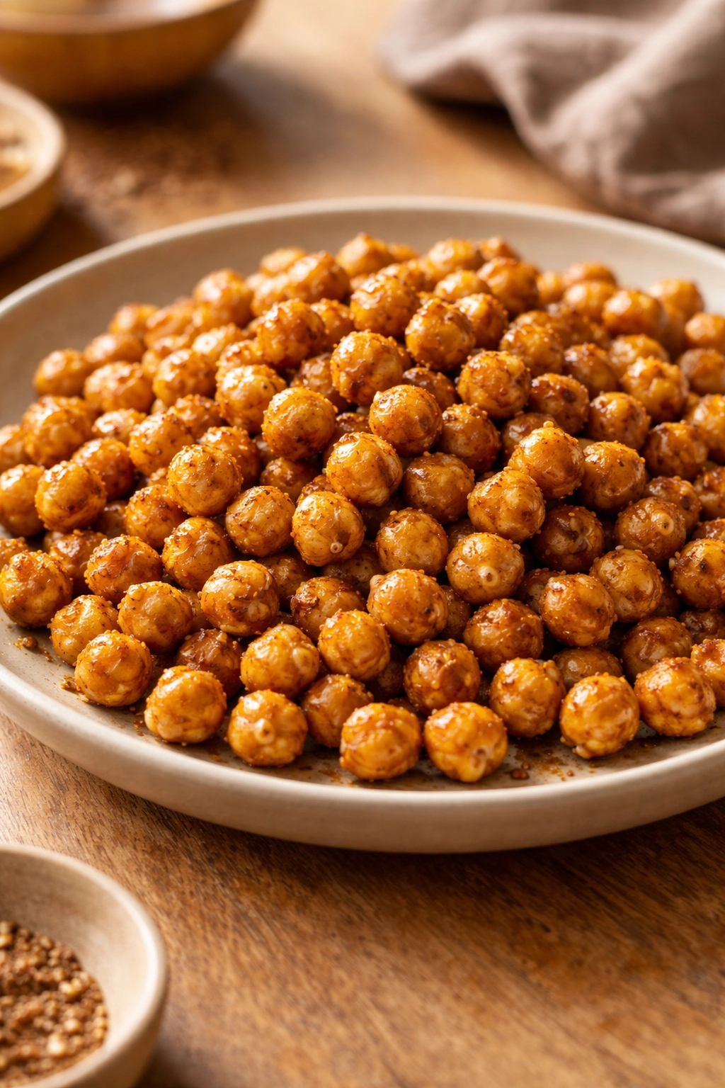 Close-up of crispy roasted chickpeas on a plate, highlighting protein layer for grain bowl.