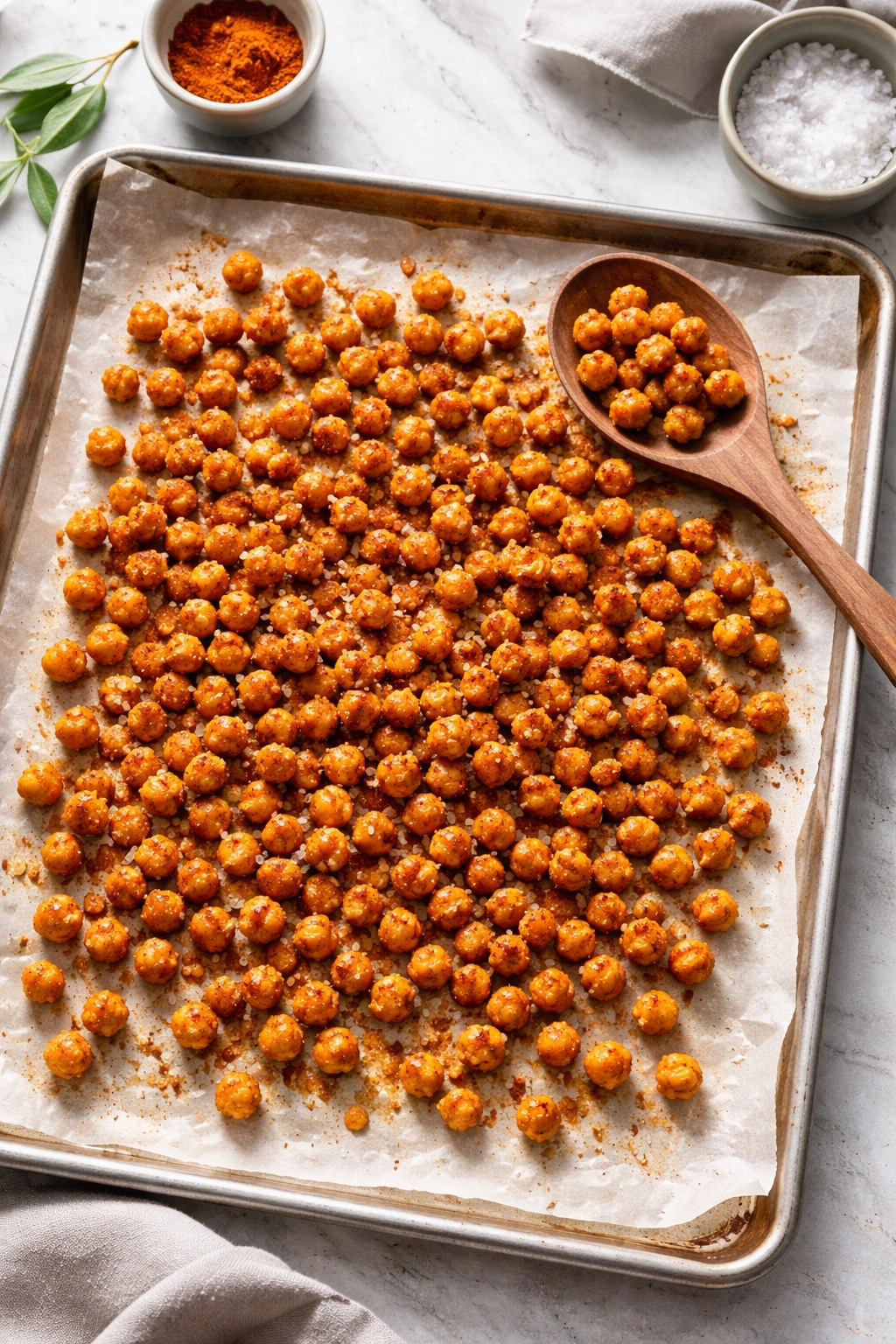 Close-up of crispy roasted chickpeas on a baking sheet