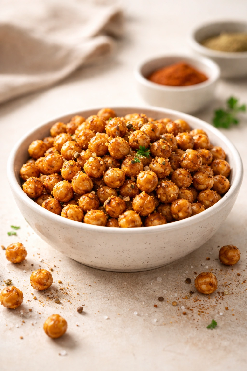 Bowl of perfectly crispy roasted chickpeas on a neutral surface