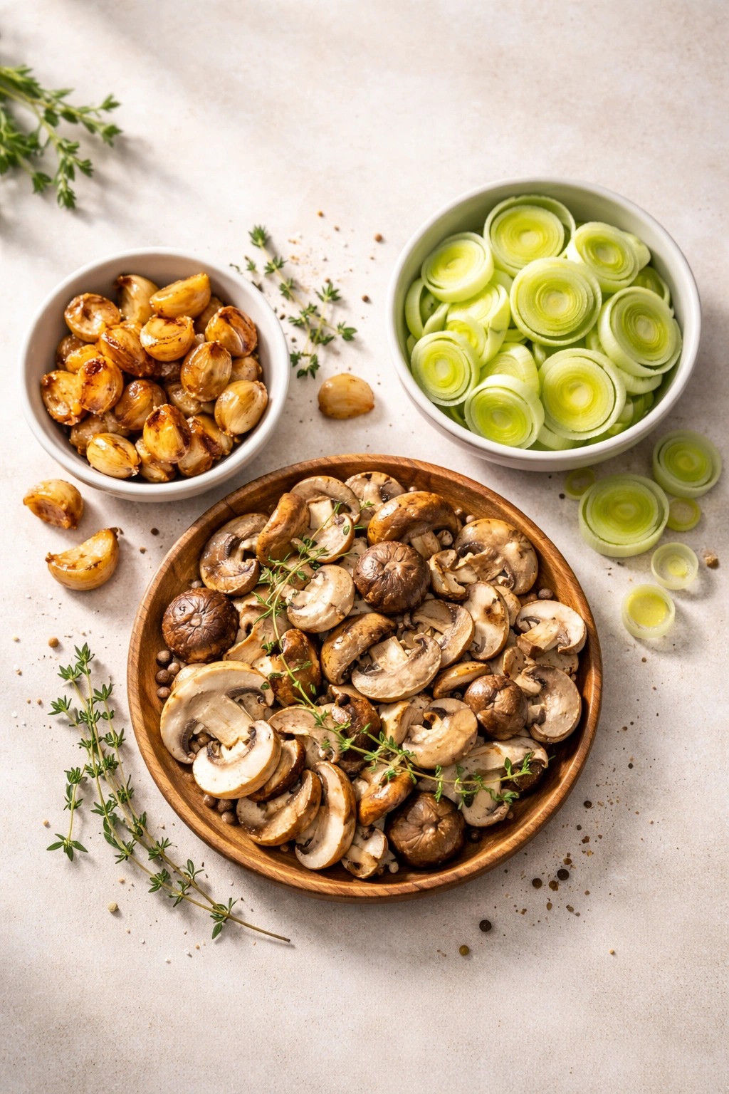 Close-up of roasted garlic, mushrooms, and leeks arranged to suggest variations of creamy soup