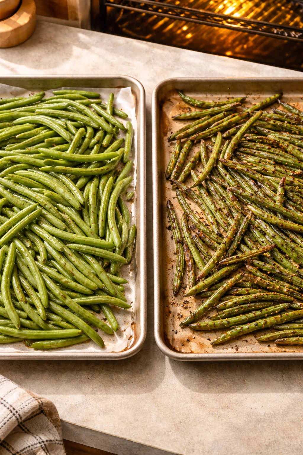 Split pans show crowded vs single-layer browning of green beans, highlighting common roasting mistakes