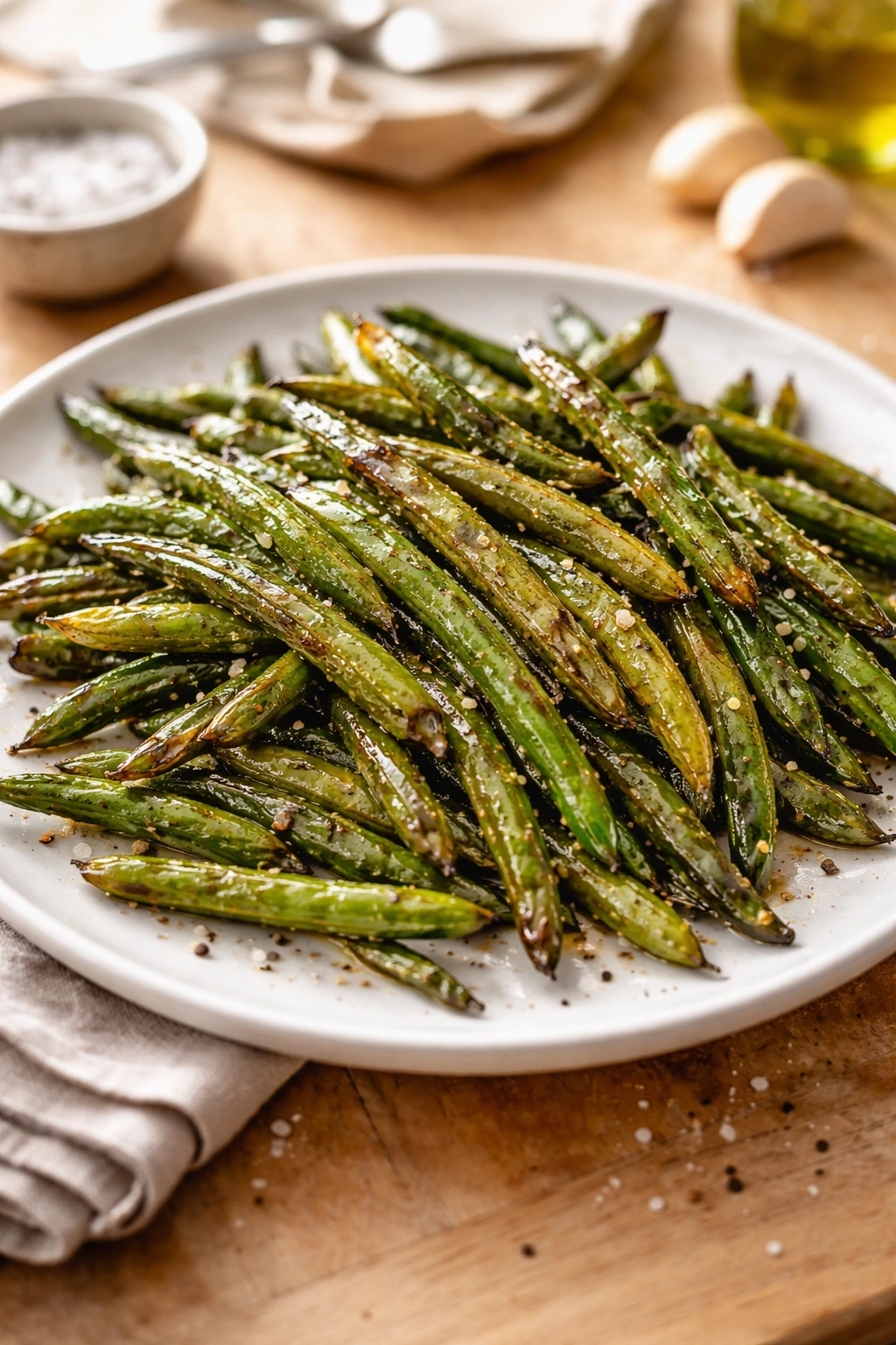 Close-up of roasted green beans on a plate with golden edges and shiny oil
