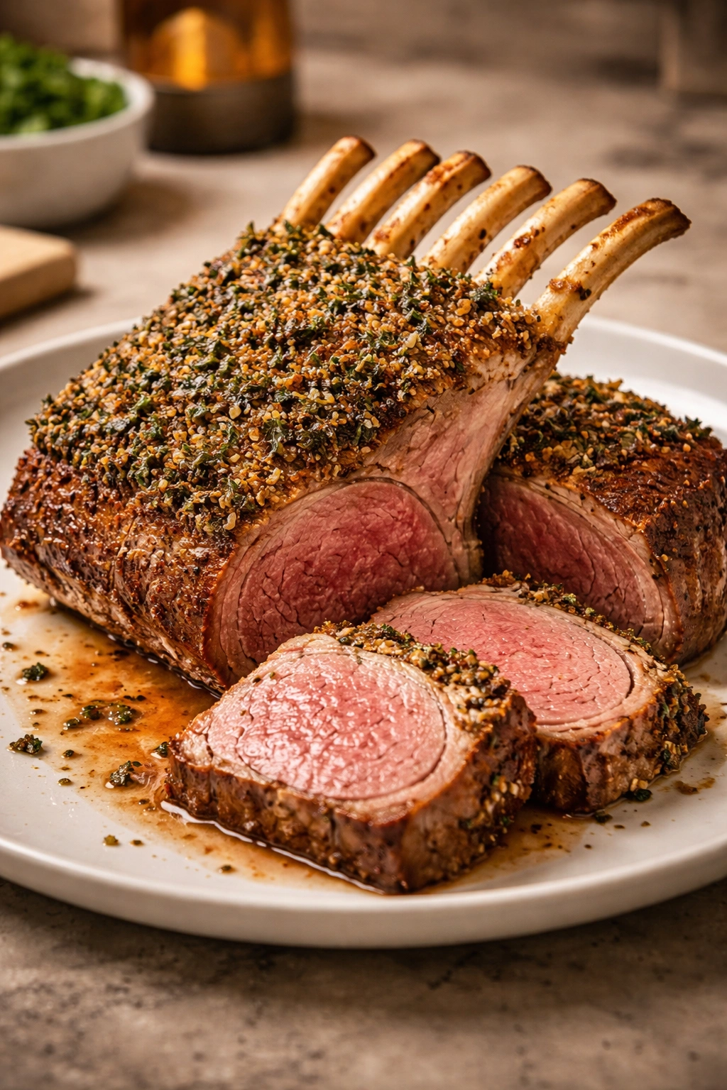 Herb-crusted roasted lamb on a plain plate, sliced to reveal pink interior.