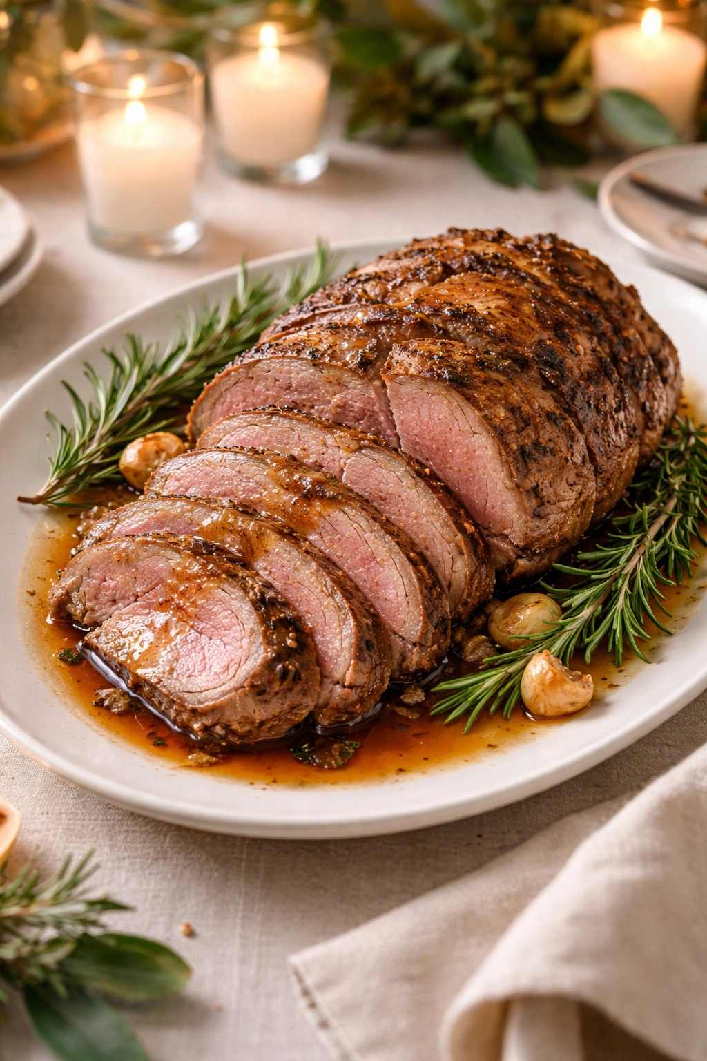 Plated roast lamb on a dining table with rosemary