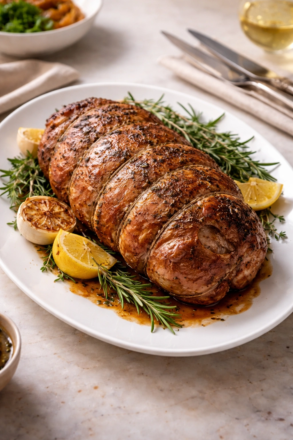 Finished roasted lamb resting on platter, warm lighting