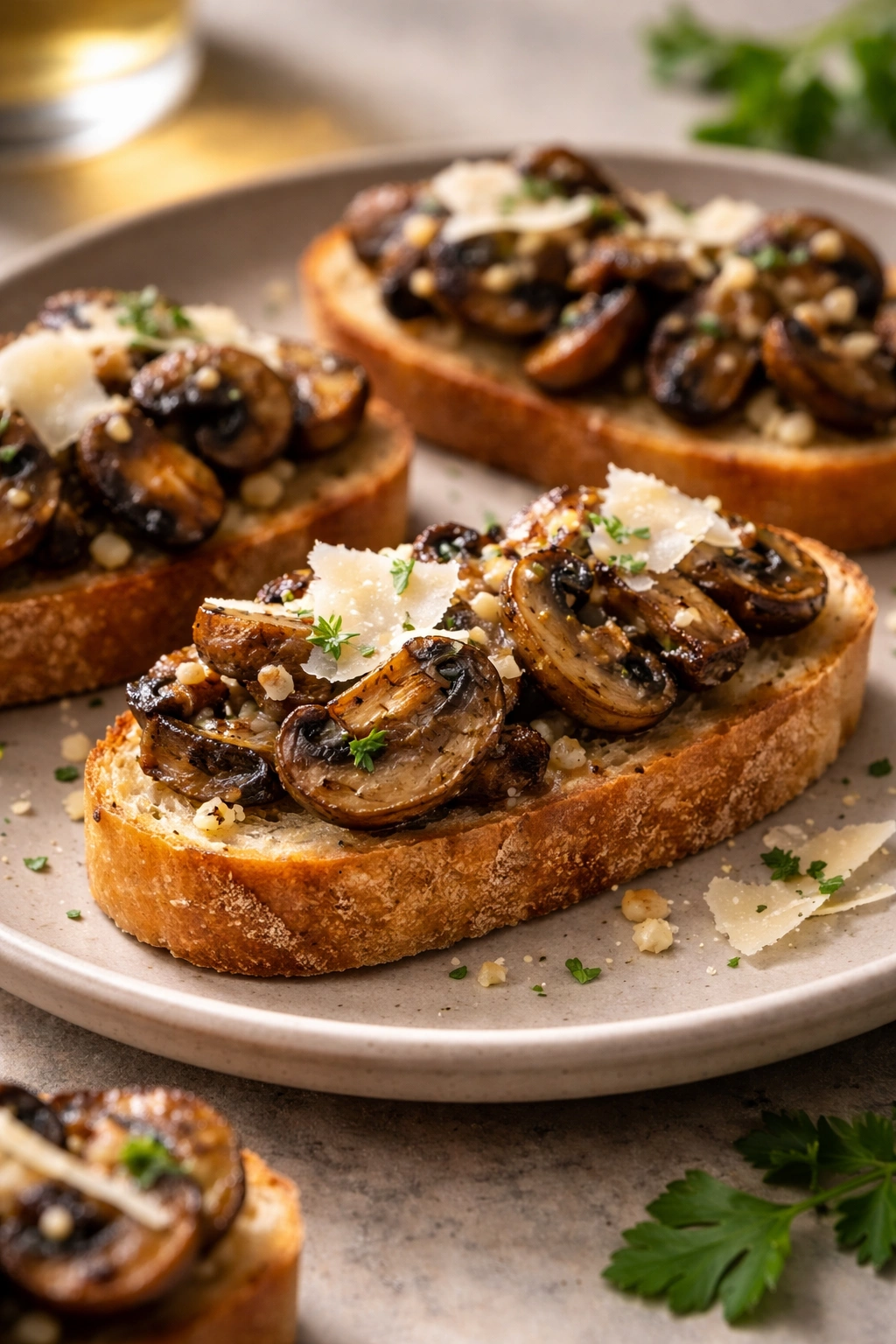 Crostini topped with roasted mushrooms, garlic, and Parmesan