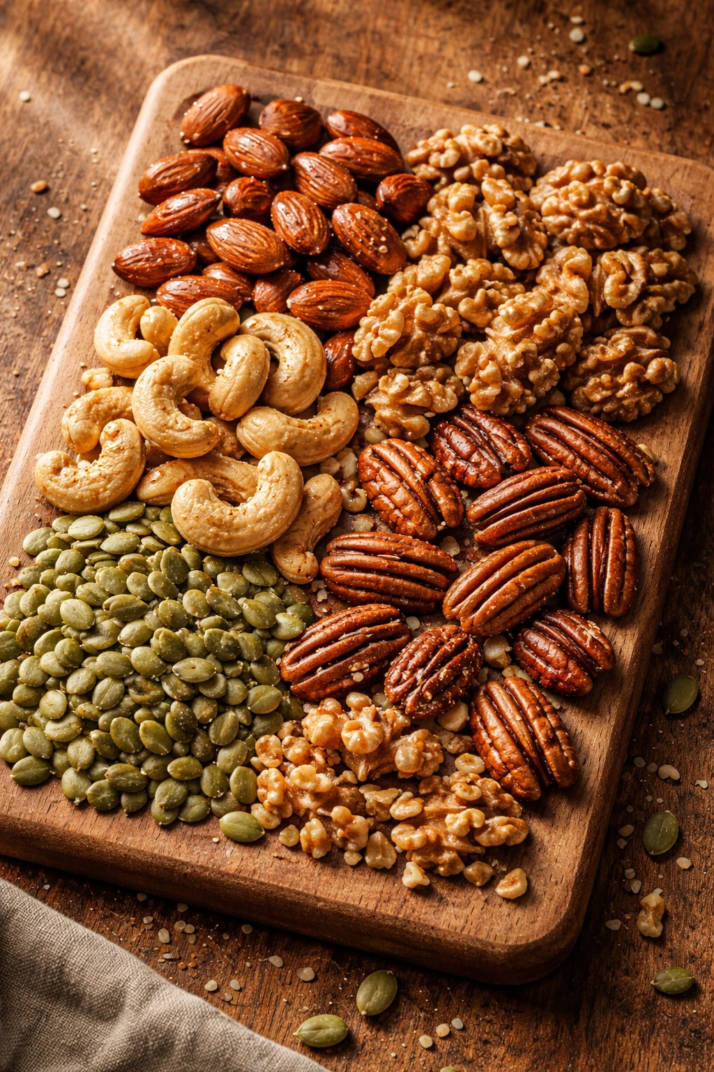 Assorted roasted nuts on a wooden board