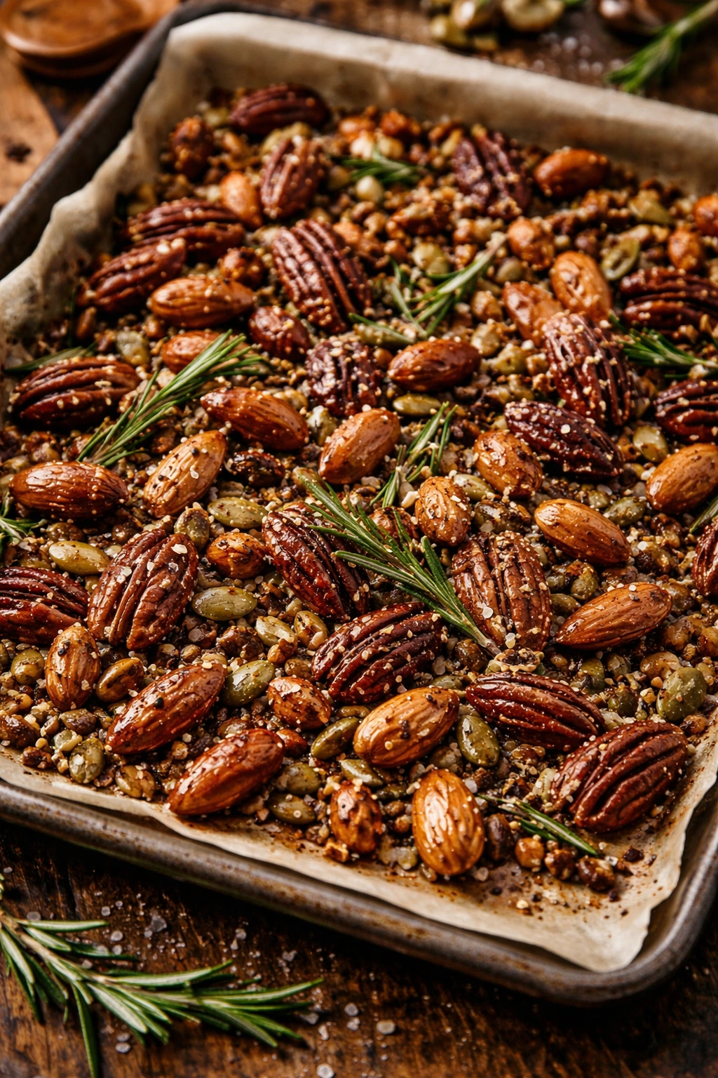 Roasted nuts and seeds with seasoning on parchment