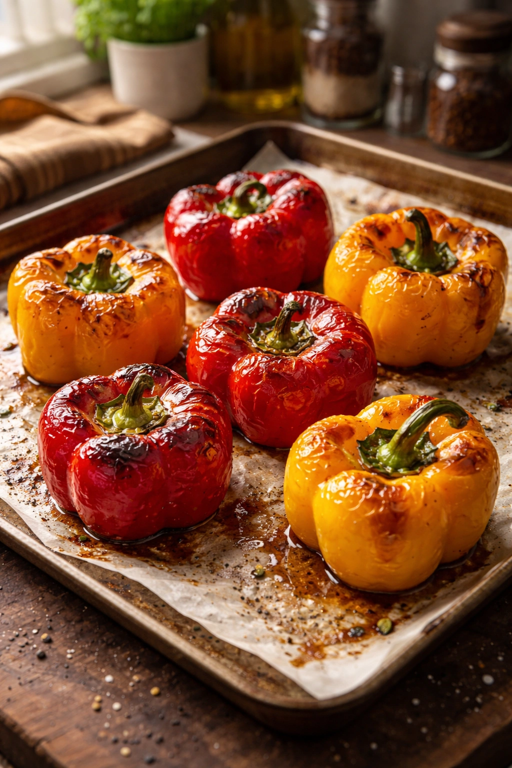 Roasted peppers showing caramelization on skin
