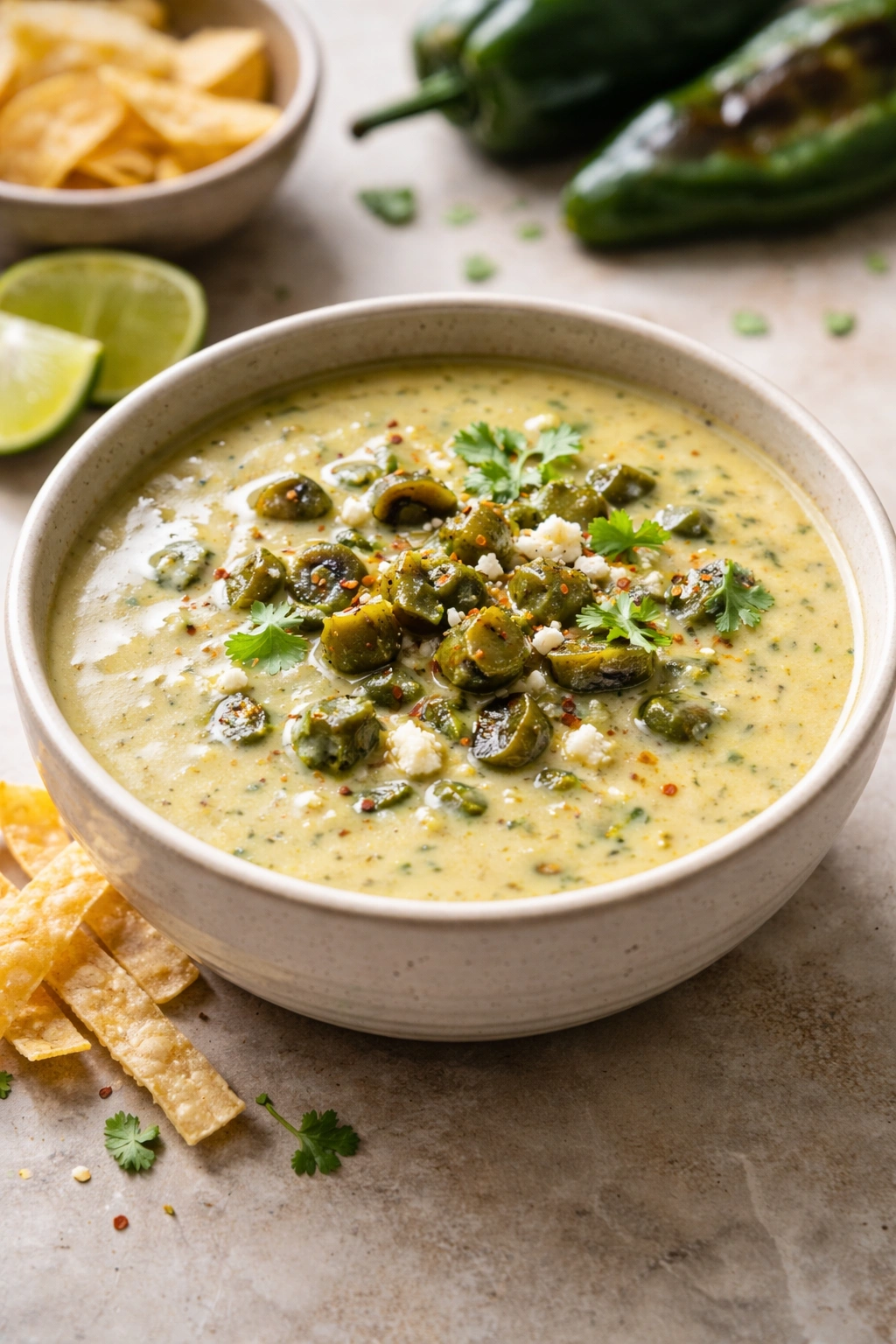 Creamy roasted poblano soup in a white bowl with a velvety surface