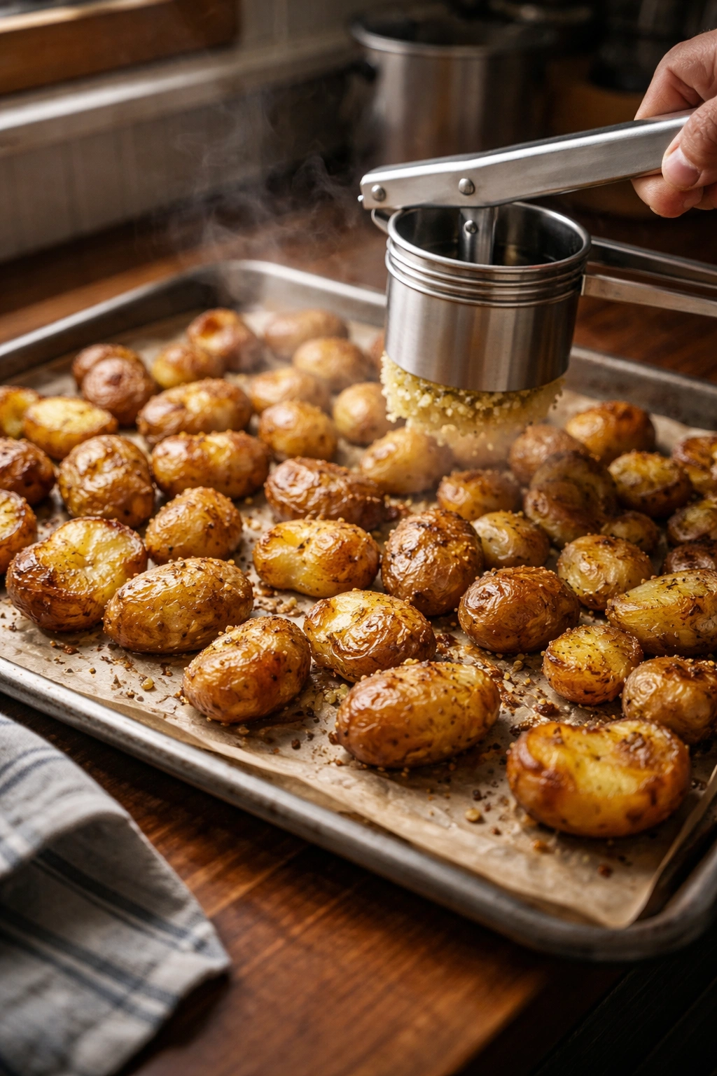 Roasted potatoes on a sheet pan with slight steam and golden edges