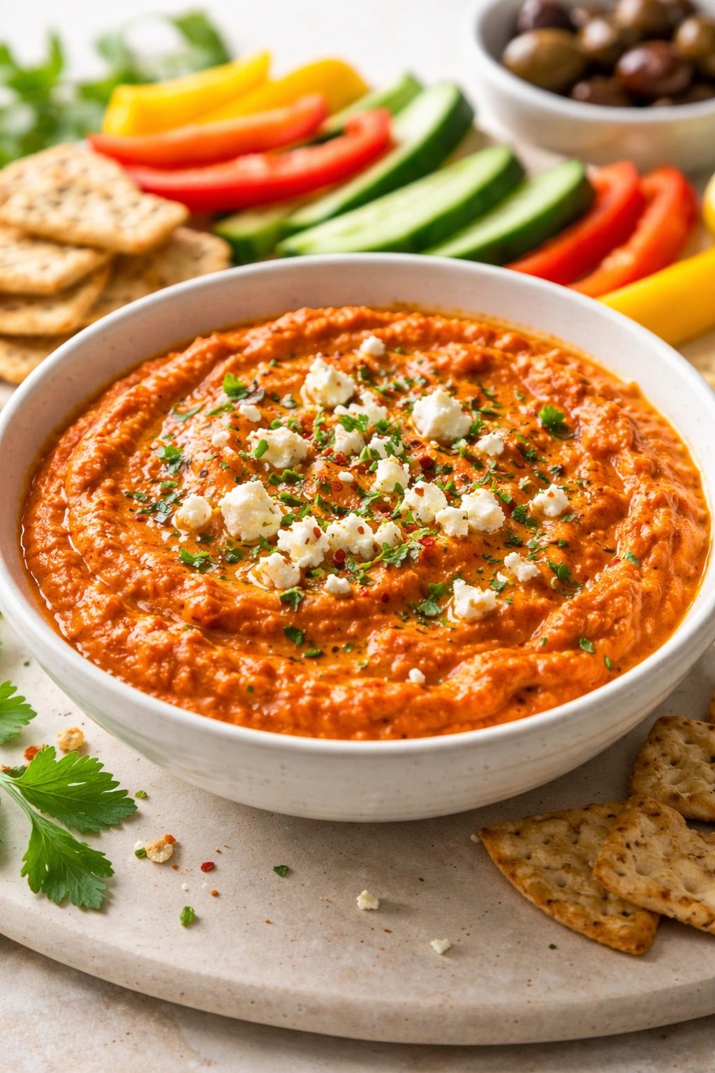 Vibrant roasted red pepper and feta dip in a shallow bowl
