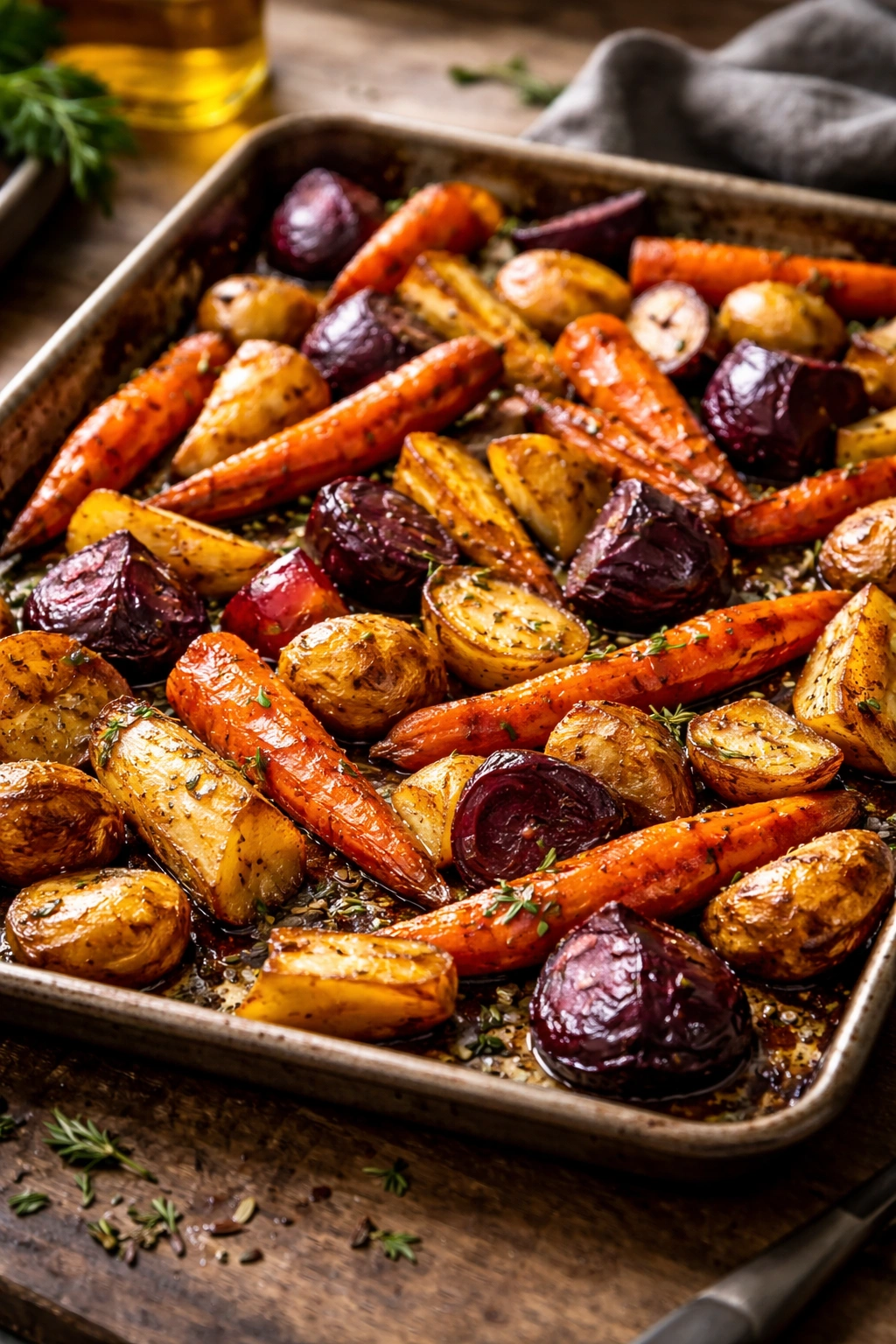 Close-up of caramelized roasted root vegetables on a sheet pan