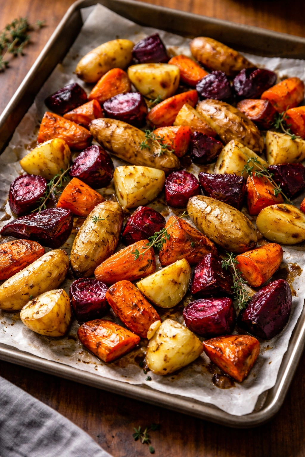 Colorful roasted root vegetables with thyme on a baking sheet