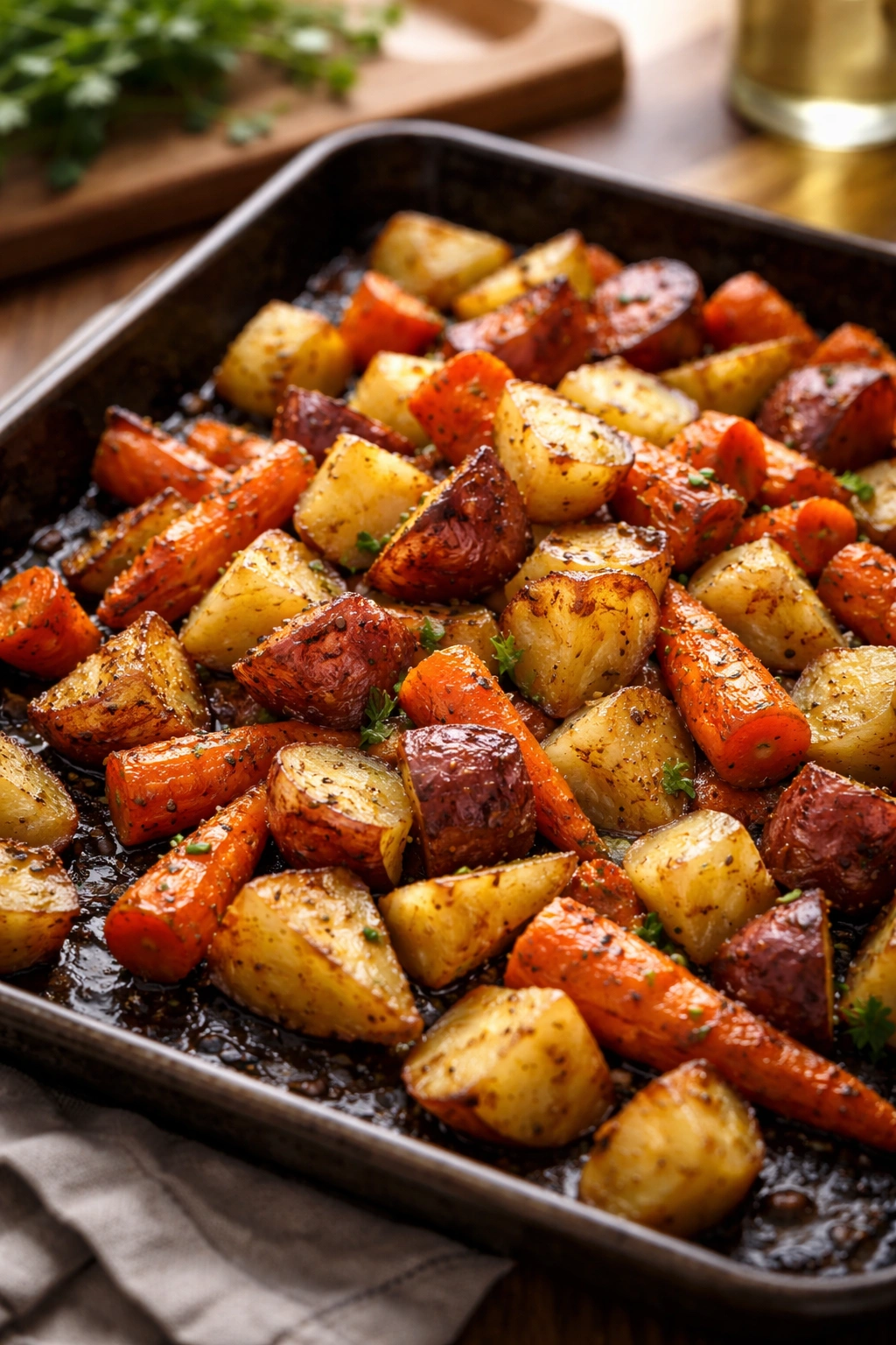 Close-up of caramelized roasted root vegetables on a dark baking sheet in warm kitchen lighting