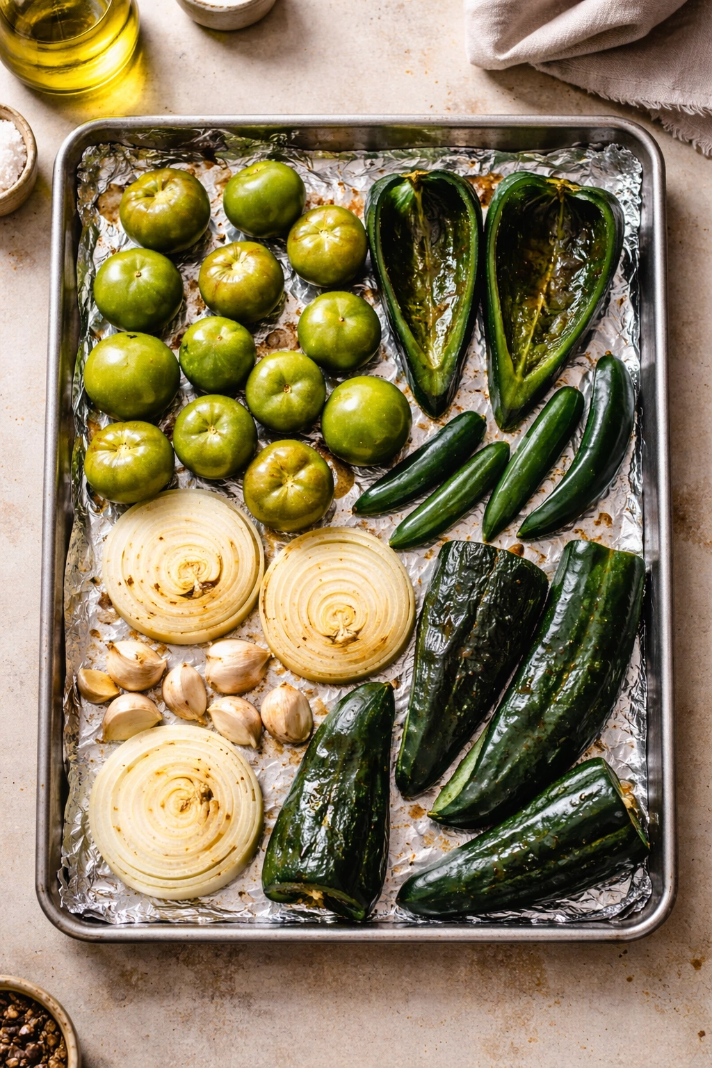 Roasted salsa ingredients arranged on a sheet pan ready for roasting in a warm kitchen