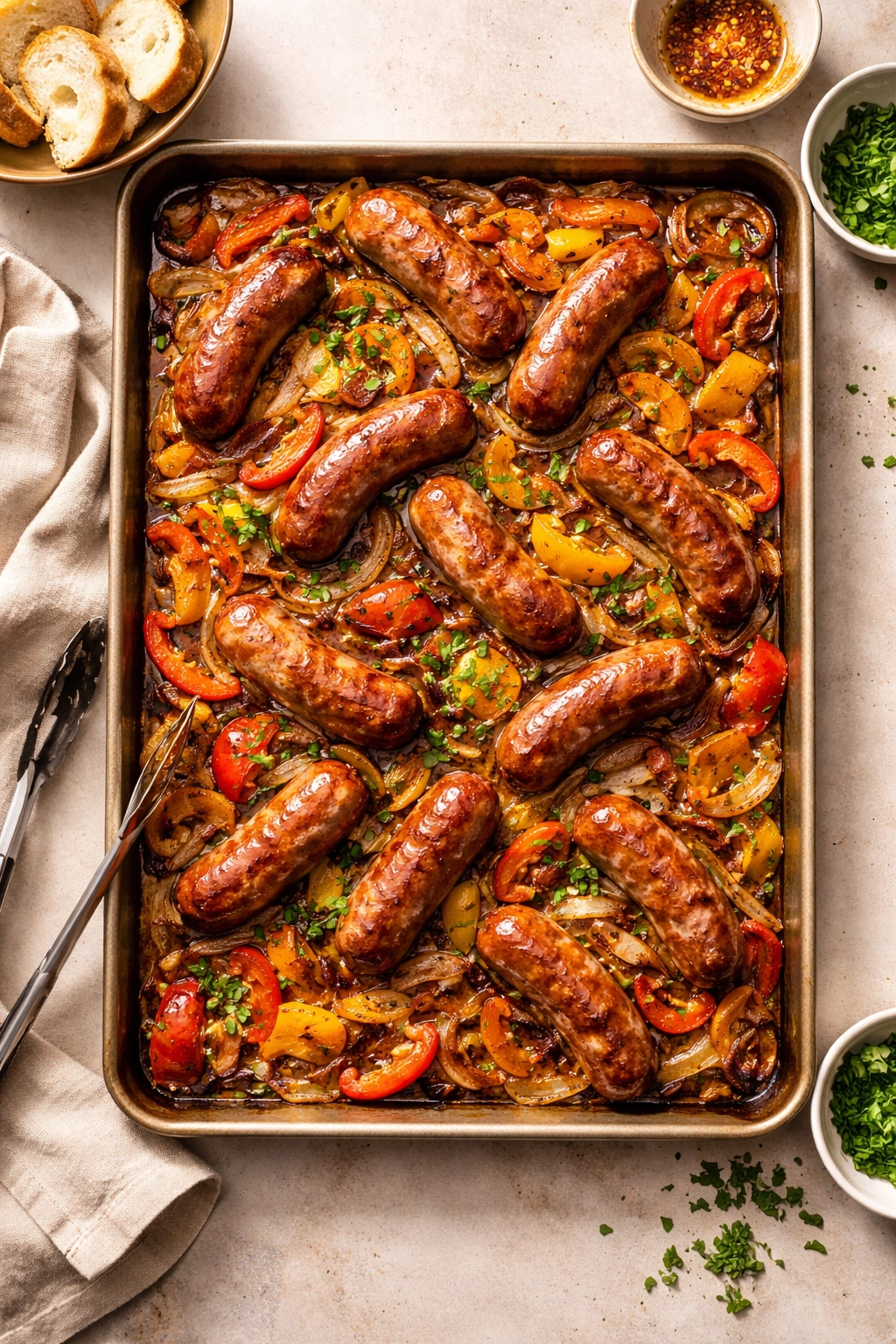 Roasted sheet pan sausage and peppers on a baking sheet