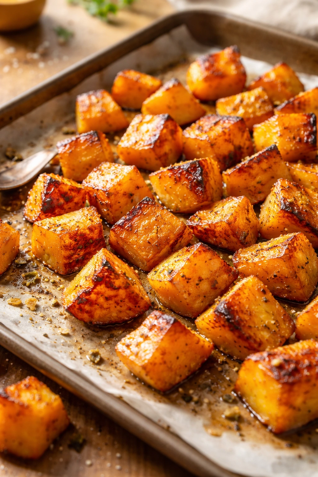 Close-up of caramelized roasted squash chunks on parchment, perfect weeknight side.
