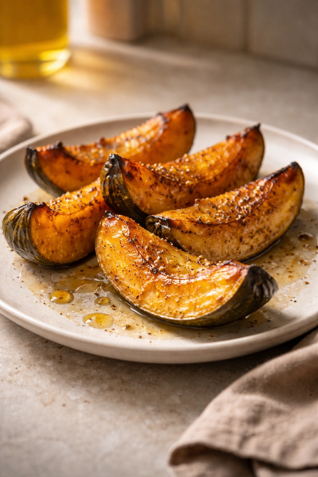 Caramelized roasted squash wedges on a plate with a light glaze