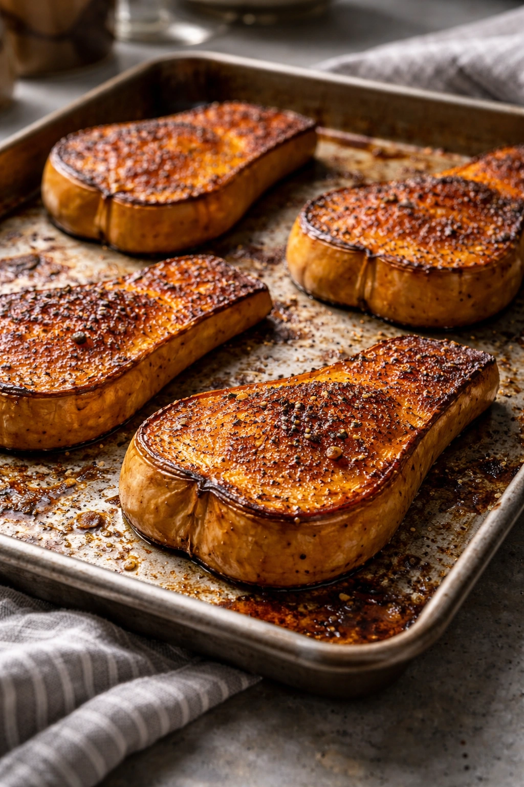 Squash cut-side down on a sheet pan, browning edges emphasized