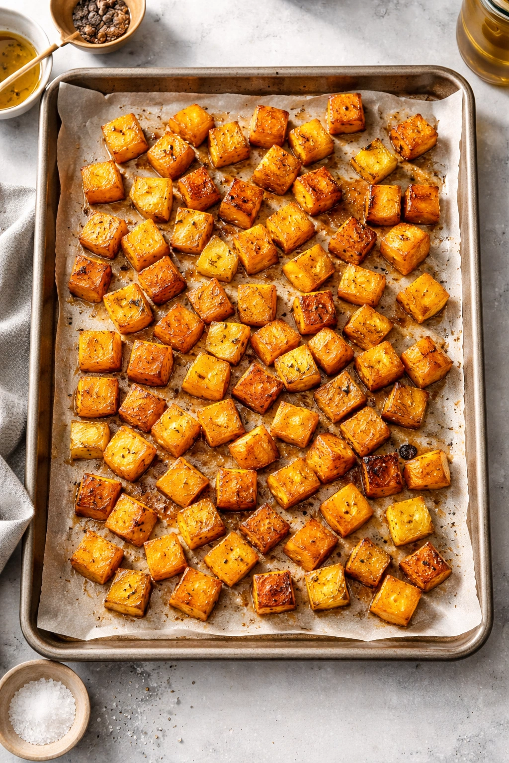 Cubed roasted squash seasoned with olive oil on parchment on a baking sheet.