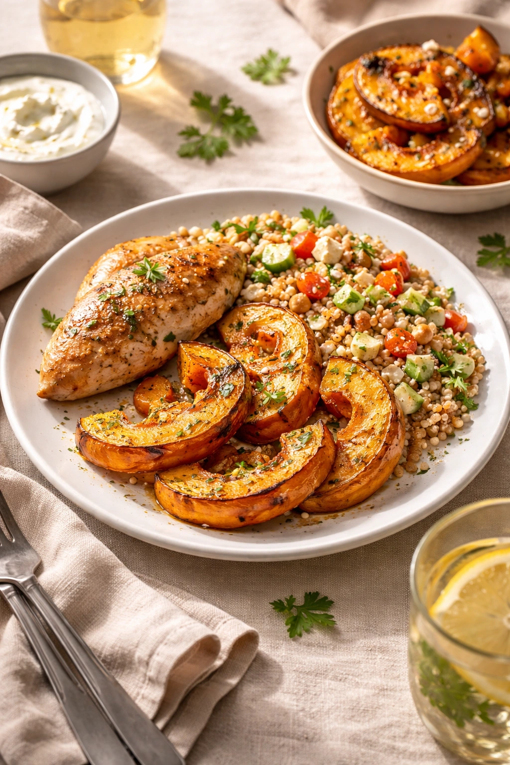 Roasted squash plated with chicken and grains, illustrating serving ideas